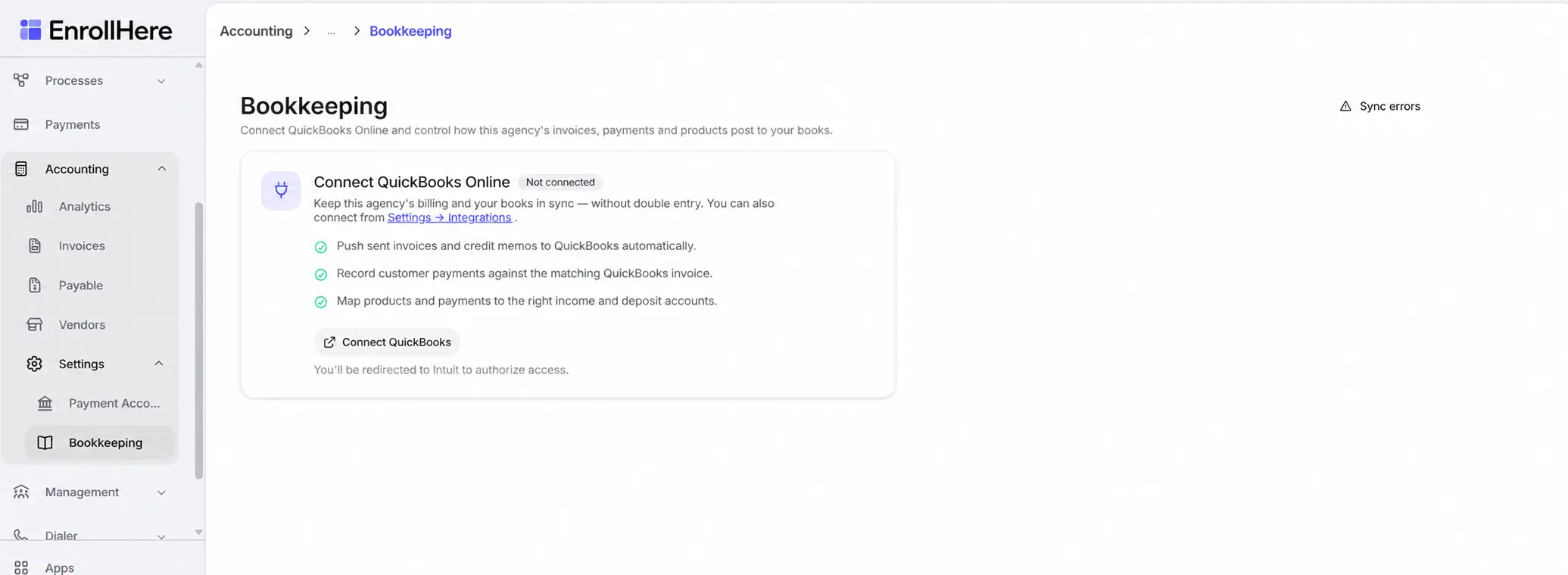 Close-up of EnrollHere bookkeeping navigation and QuickBooks Online connection controls